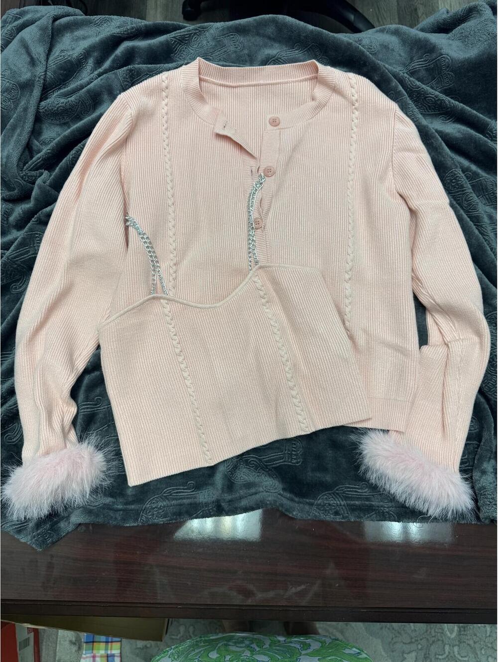 SHEIN Pink Knit Sweater and Chain Strap Camisole Set, Size M